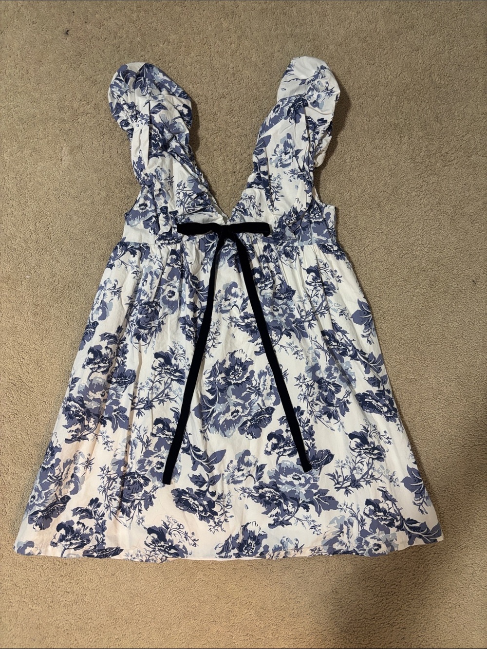 OPT White and Blue Floral Sundress with Navy Ribbon